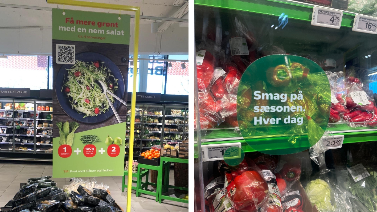 Promotie van groenten en seizoensproducten in de supermarkt, campagnes gesubsidieerd door de Deense overheid